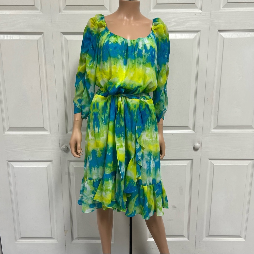 Calvin Klein Blue Lime Green Midi Dress Size L Belt 3/4 Sleeves  NWT